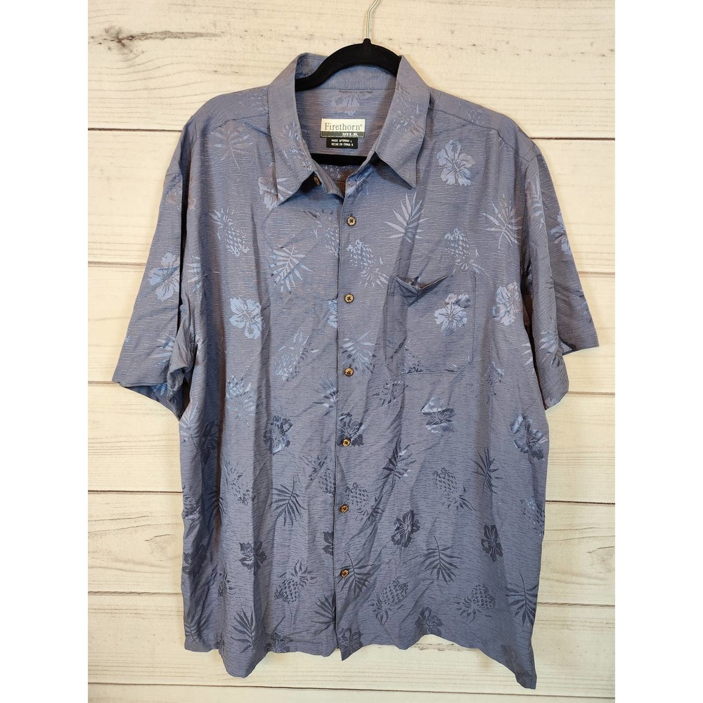 Firethorn Men's Blue Floral Silk Short Sleeve Button Down‎ Shirt Size Large